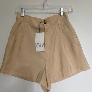 ZARA Tan High-Waist Pleated Women's Shorts